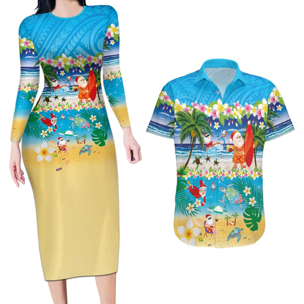 Polynesian Merry Christmas Couples Matching Long Sleeve Bodycon Dress and Hawaiian Shirt Funny Santa Beach Tropical Plant and Turtle - Polynesian Pride