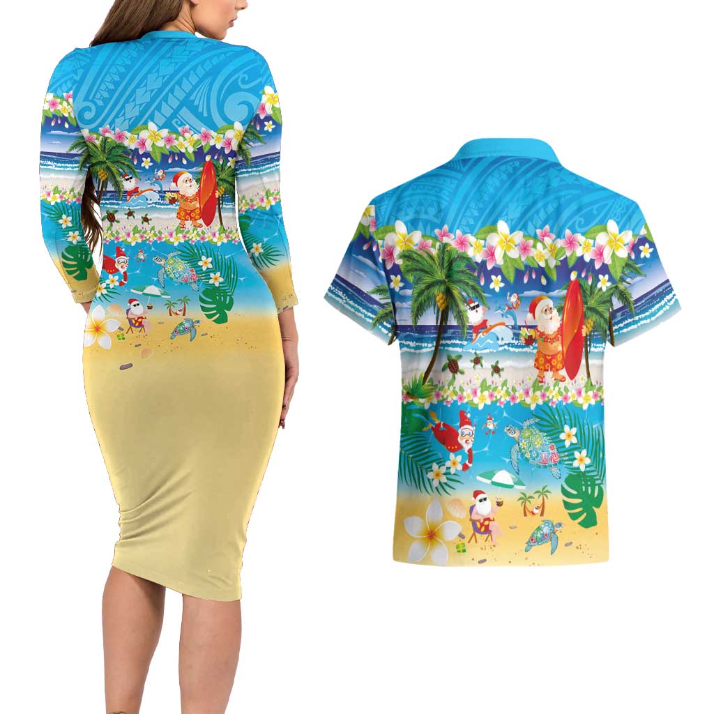 Polynesian Merry Christmas Couples Matching Long Sleeve Bodycon Dress and Hawaiian Shirt Funny Santa Beach Tropical Plant and Turtle LT03 - Polynesian Pride