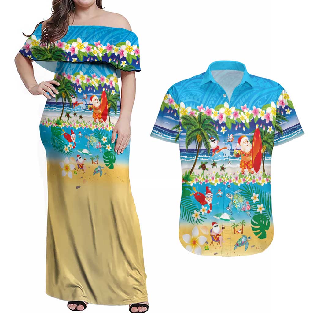 Polynesian Merry Christmas Couples Matching Off Shoulder Maxi Dress and Hawaiian Shirt Funny Santa Beach Tropical Plant and Turtle - Polynesian Pride