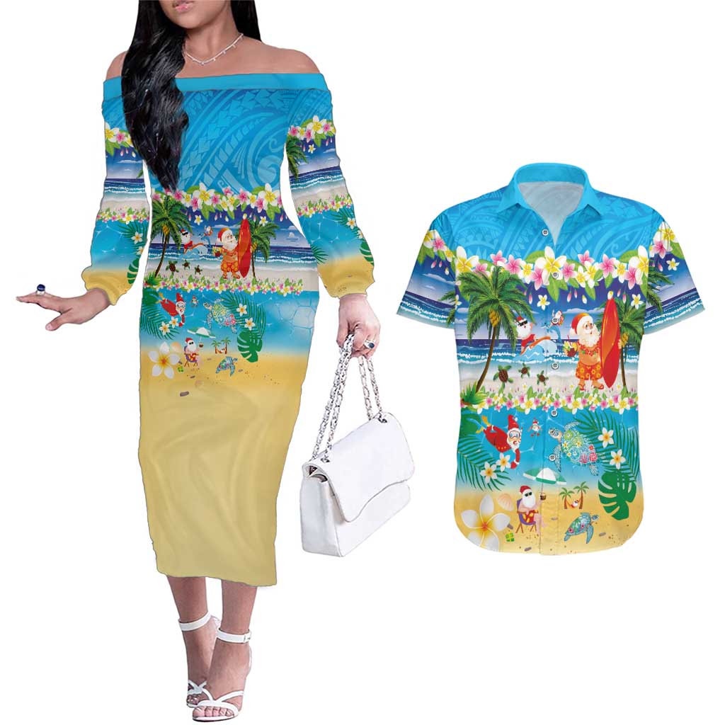 Polynesian Merry Christmas Couples Matching Off The Shoulder Long Sleeve Dress and Hawaiian Shirt Funny Santa Beach Tropical Plant and Turtle LT03 Multicolor - Polynesian Pride