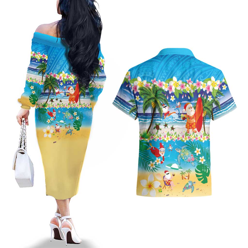 Polynesian Merry Christmas Couples Matching Off The Shoulder Long Sleeve Dress and Hawaiian Shirt Funny Santa Beach Tropical Plant and Turtle LT03 - Polynesian Pride
