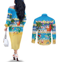 Polynesian Merry Christmas Couples Matching Off The Shoulder Long Sleeve Dress and Long Sleeve Button Shirt Funny Santa Beach Tropical Plant and Turtle LT03 - Polynesian Pride