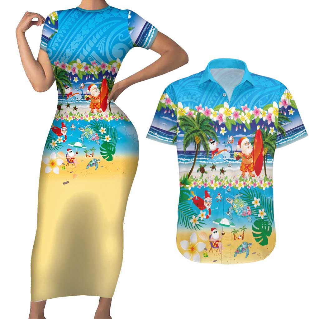 Polynesian Merry Christmas Couples Matching Short Sleeve Bodycon Dress and Hawaiian Shirt Funny Santa Beach Tropical Plant and Turtle LT03 Multicolor - Polynesian Pride