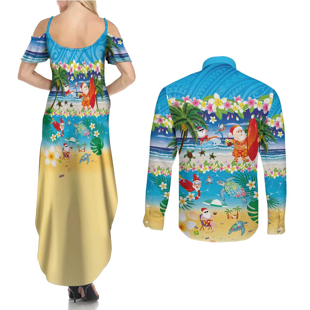 Polynesian Merry Christmas Couples Matching Summer Maxi Dress and Long Sleeve Button Shirt Funny Santa Beach Tropical Plant and Turtle - Polynesian Pride