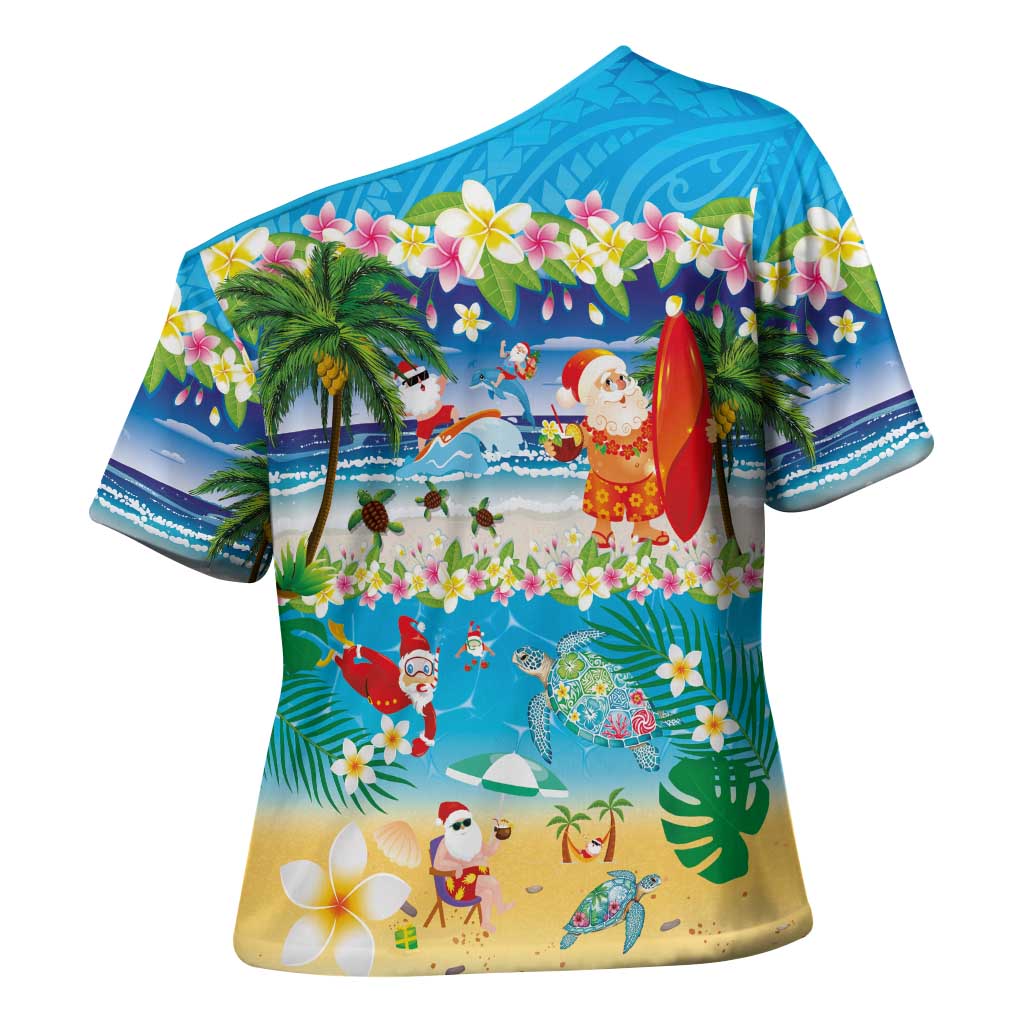 Polynesian Merry Christmas Cross Shoulder Shirt Funny Santa Beach Tropical Plant and Turtle - Polynesian Pride