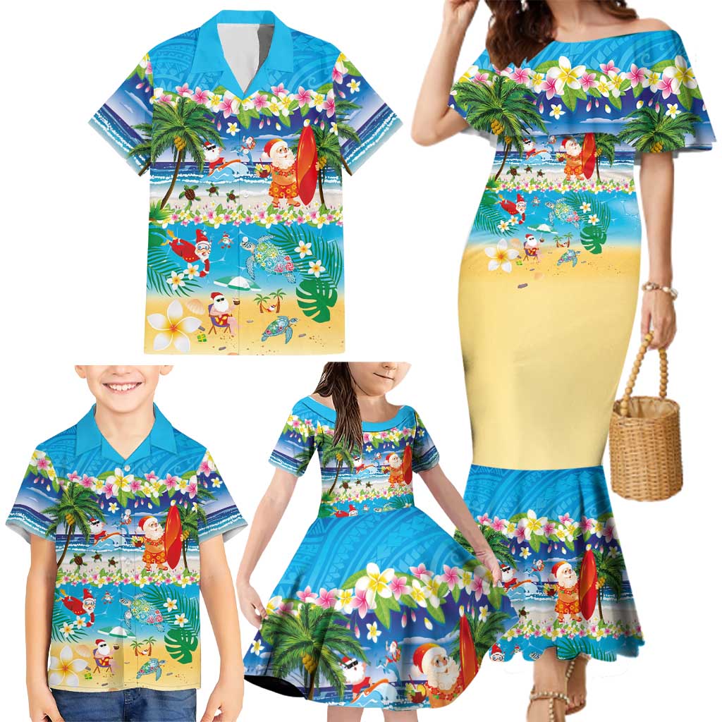 Polynesian Merry Christmas Family Matching Mermaid Dress and Hawaiian Shirt Funny Santa Beach Tropical Plant and Turtle - Polynesian Pride