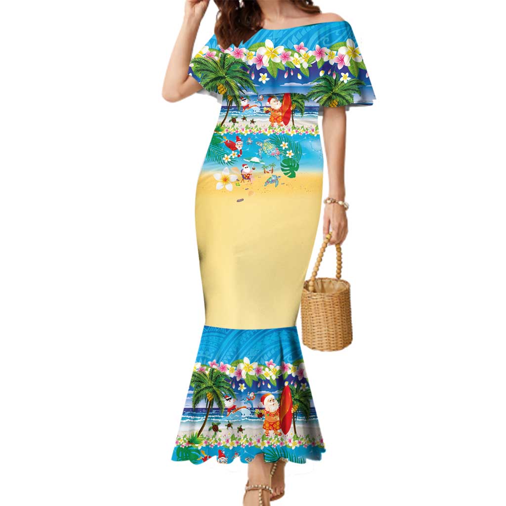 Polynesian Merry Christmas Family Matching Mermaid Dress and Hawaiian Shirt Funny Santa Beach Tropical Plant and Turtle LT03 Mom's Dress Multicolor - Polynesian Pride