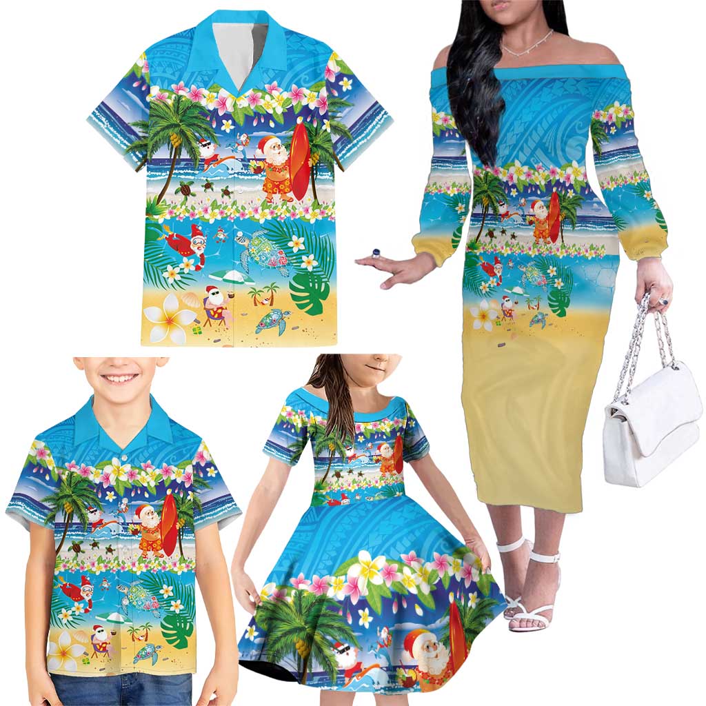 Polynesian Merry Christmas Family Matching Off The Shoulder Long Sleeve Dress and Hawaiian Shirt Funny Santa Beach Tropical Plant and Turtle LT03 - Polynesian Pride