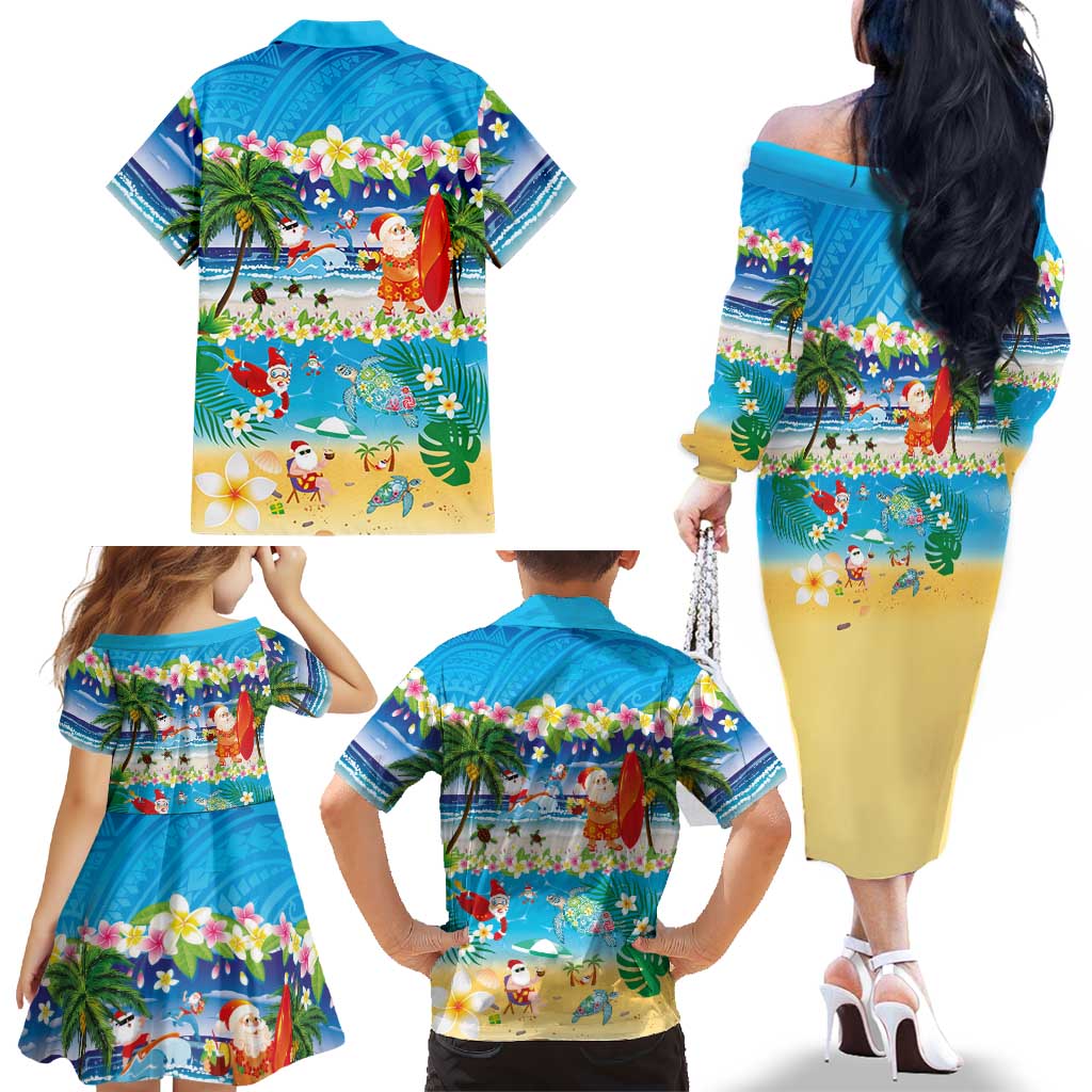 Polynesian Merry Christmas Family Matching Off The Shoulder Long Sleeve Dress and Hawaiian Shirt Funny Santa Beach Tropical Plant and Turtle LT03 - Polynesian Pride
