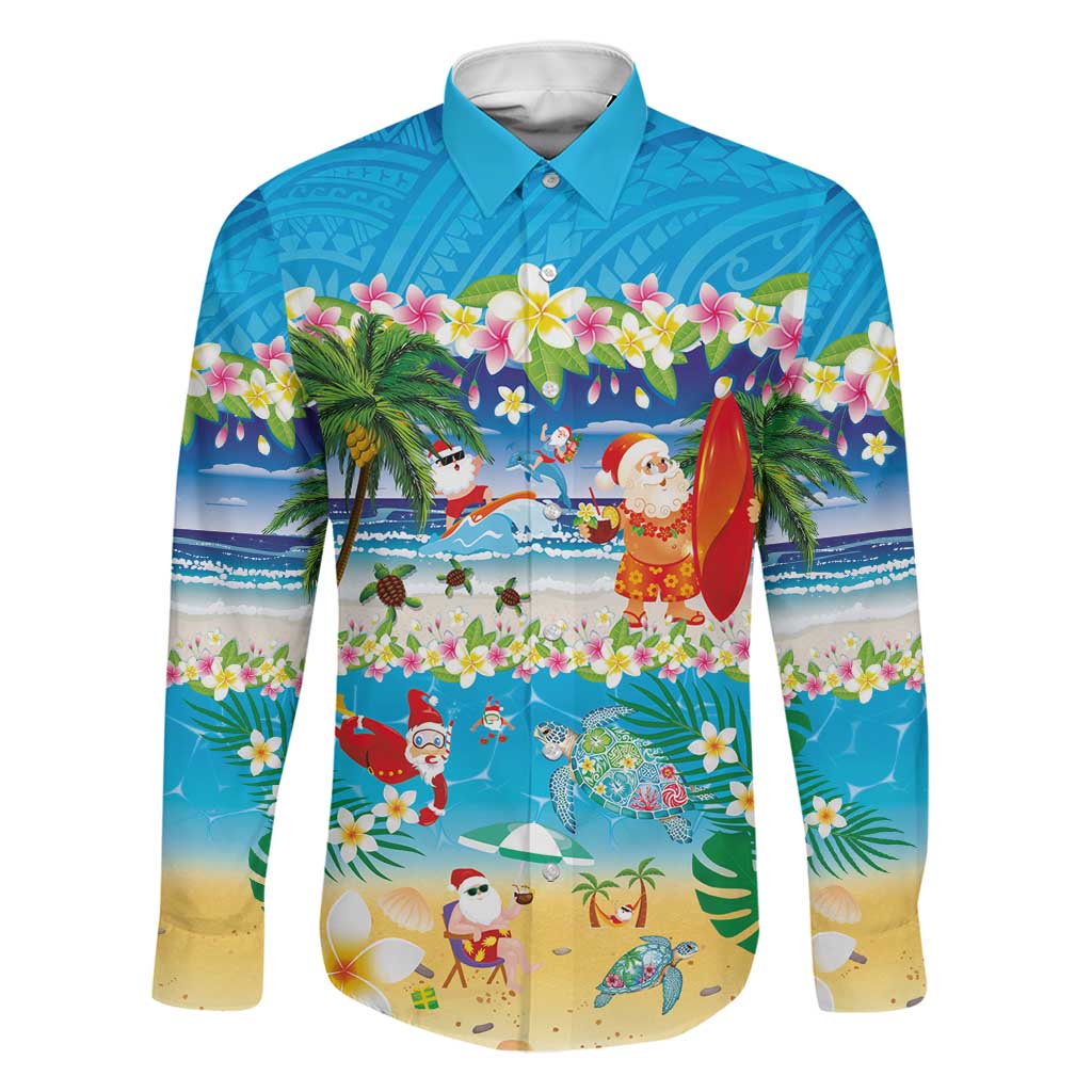 Polynesian Merry Christmas Family Matching Off The Shoulder Long Sleeve Dress and Hawaiian Shirt Funny Santa Beach Tropical Plant and Turtle LT03 Dad's Shirt - Long Sleeve Multicolor - Polynesian Pride