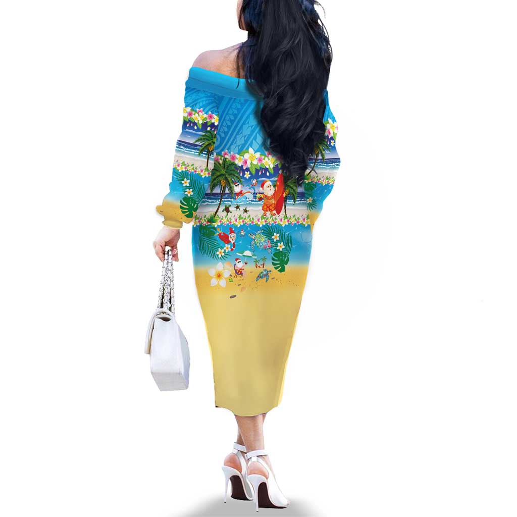 Polynesian Merry Christmas Family Matching Off The Shoulder Long Sleeve Dress and Hawaiian Shirt Funny Santa Beach Tropical Plant and Turtle LT03 - Polynesian Pride