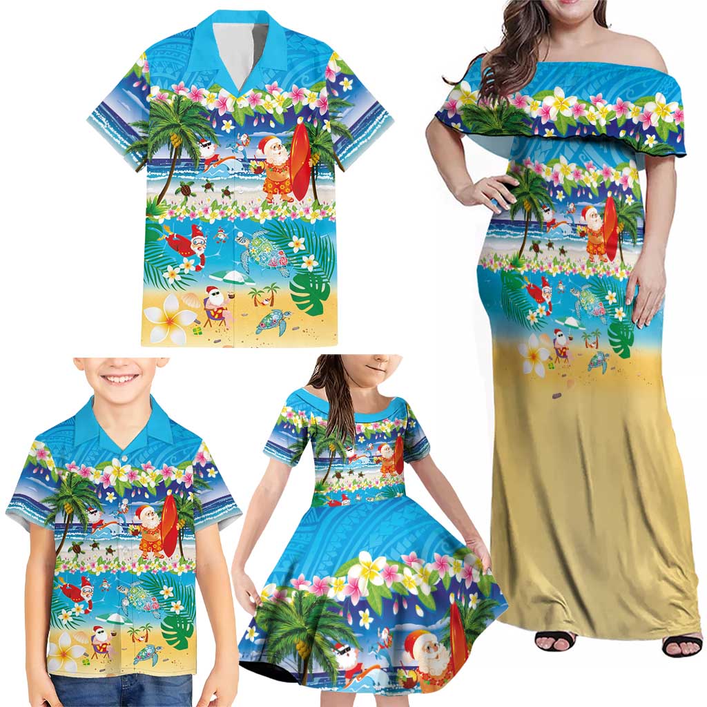 Polynesian Merry Christmas Family Matching Off Shoulder Maxi Dress and Hawaiian Shirt Funny Santa Beach Tropical Plant and Turtle LT03 - Polynesian Pride