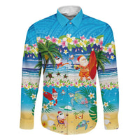Polynesian Merry Christmas Family Matching Off Shoulder Maxi Dress and Hawaiian Shirt Funny Santa Beach Tropical Plant and Turtle LT03 Dad's Shirt - Long Sleeve Multicolor - Polynesian Pride