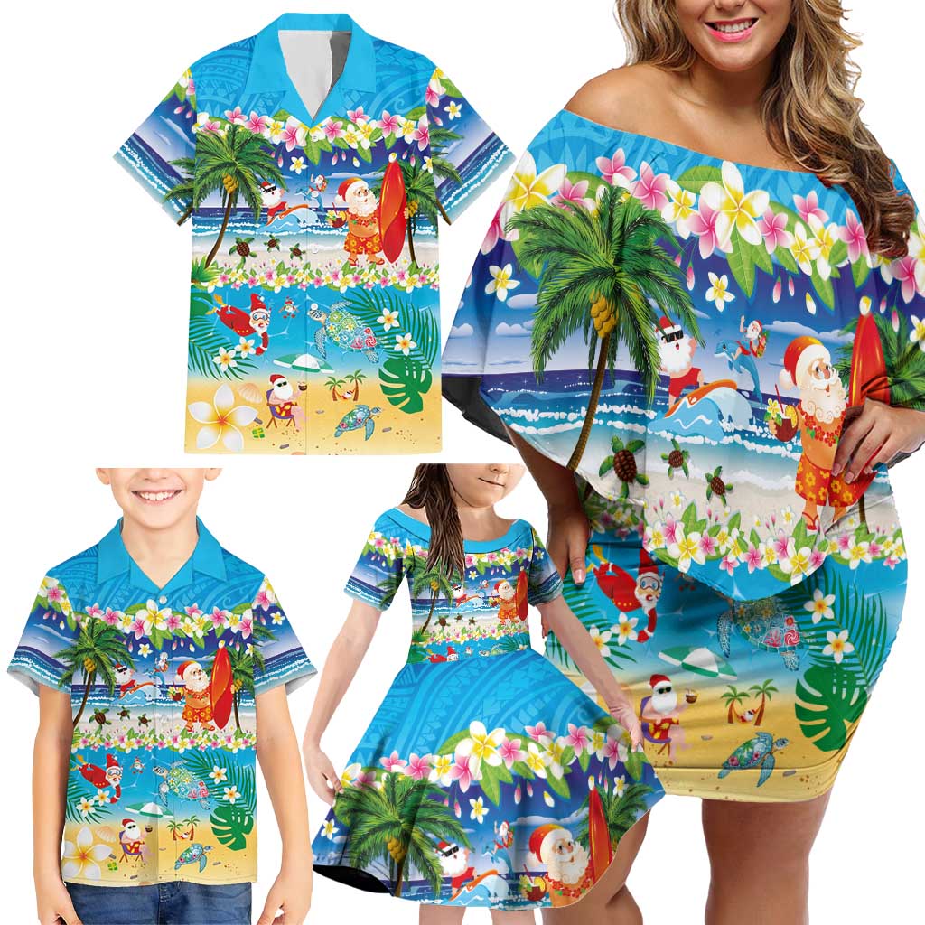 Polynesian Merry Christmas Family Matching Off Shoulder Short Dress and Hawaiian Shirt Funny Santa Beach Tropical Plant and Turtle - Polynesian Pride