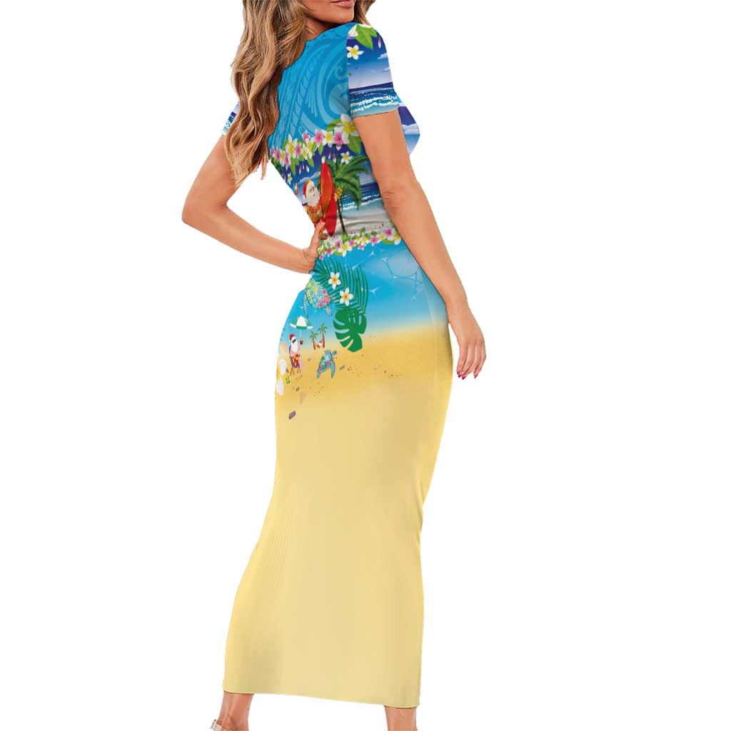 Polynesian Merry Christmas Family Matching Short Sleeve Bodycon Dress and Hawaiian Shirt Funny Santa Beach Tropical Plant and Turtle LT03 - Polynesian Pride