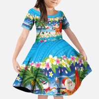 Polynesian Merry Christmas Family Matching Tank Maxi Dress and Hawaiian Shirt Funny Santa Beach Tropical Plant and Turtle LT03 Daughter's Dress Multicolor - Polynesian Pride