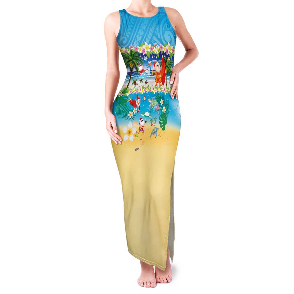 Polynesian Merry Christmas Family Matching Tank Maxi Dress and Hawaiian Shirt Funny Santa Beach Tropical Plant and Turtle LT03 Mom's Dress Multicolor - Polynesian Pride