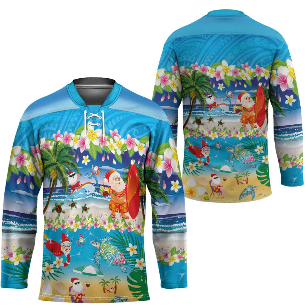 Polynesian Merry Christmas Hockey Jersey Funny Santa Beach Tropical Plant and Turtle - Polynesian Pride