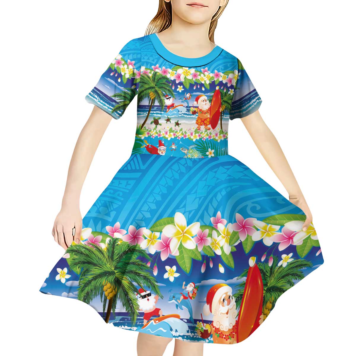 Polynesian Merry Christmas Kid Short Sleeve Dress Funny Santa Beach Tropical Plant and Turtle - Polynesian Pride