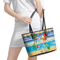 Polynesian Merry Christmas Leather Tote Bag Funny Santa Beach Tropical Plant and Turtle - Polynesian Pride