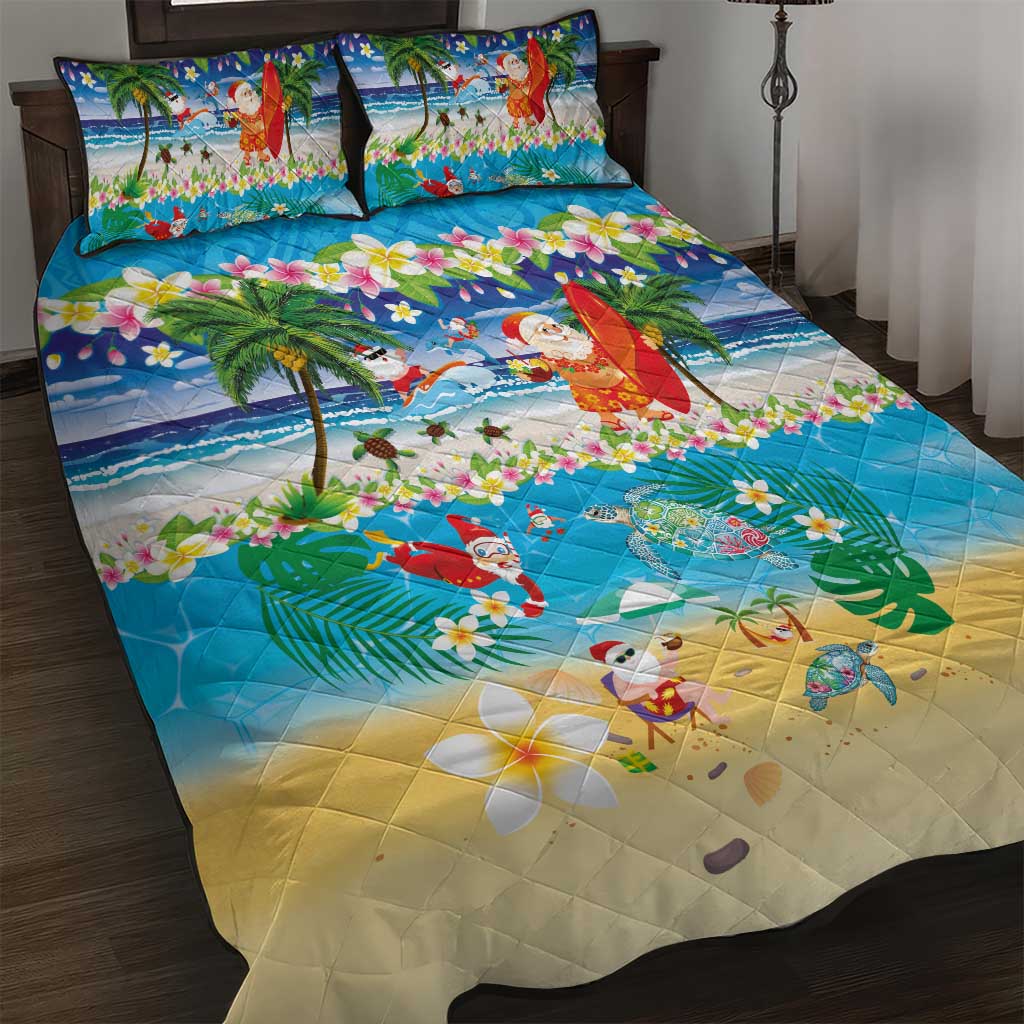Polynesian Merry Christmas Quilt Bed Set Funny Santa Beach Tropical Plant and Turtle LT03 Multicolor - Polynesian Pride