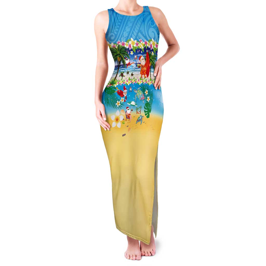 Polynesian Merry Christmas Tank Maxi Dress Funny Santa Beach Tropical Plant and Turtle LT03 Women Multicolor - Polynesian Pride