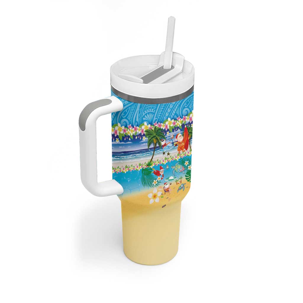 Polynesian Merry Christmas Tumbler With Handle Funny Santa Beach Tropical Plant and Turtle - Polynesian Pride