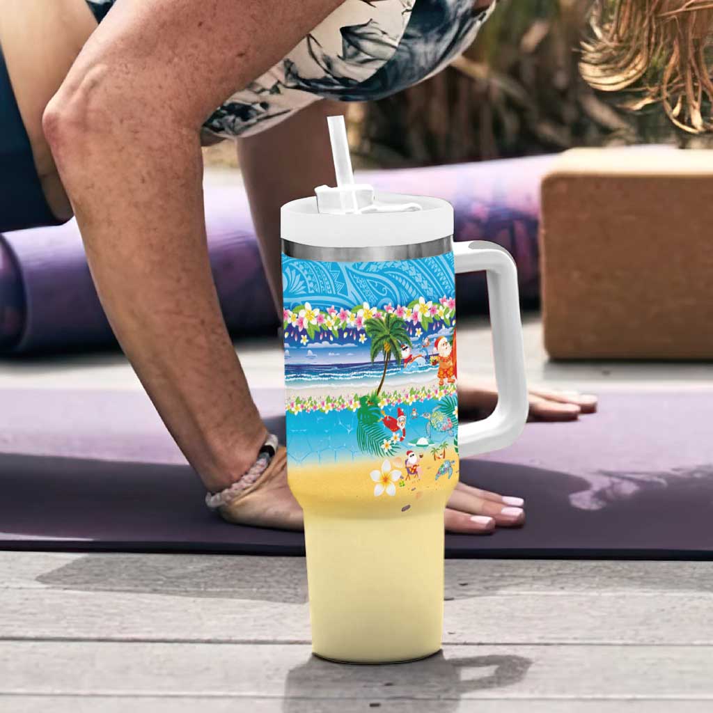 Polynesian Merry Christmas Tumbler With Handle Funny Santa Beach Tropical Plant and Turtle - Polynesian Pride