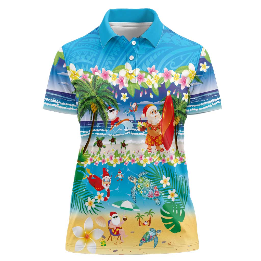 Polynesian Merry Christmas Women Polo Shirt Funny Santa Beach Tropical Plant and Turtle LT03 Female Multicolor - Polynesian Pride
