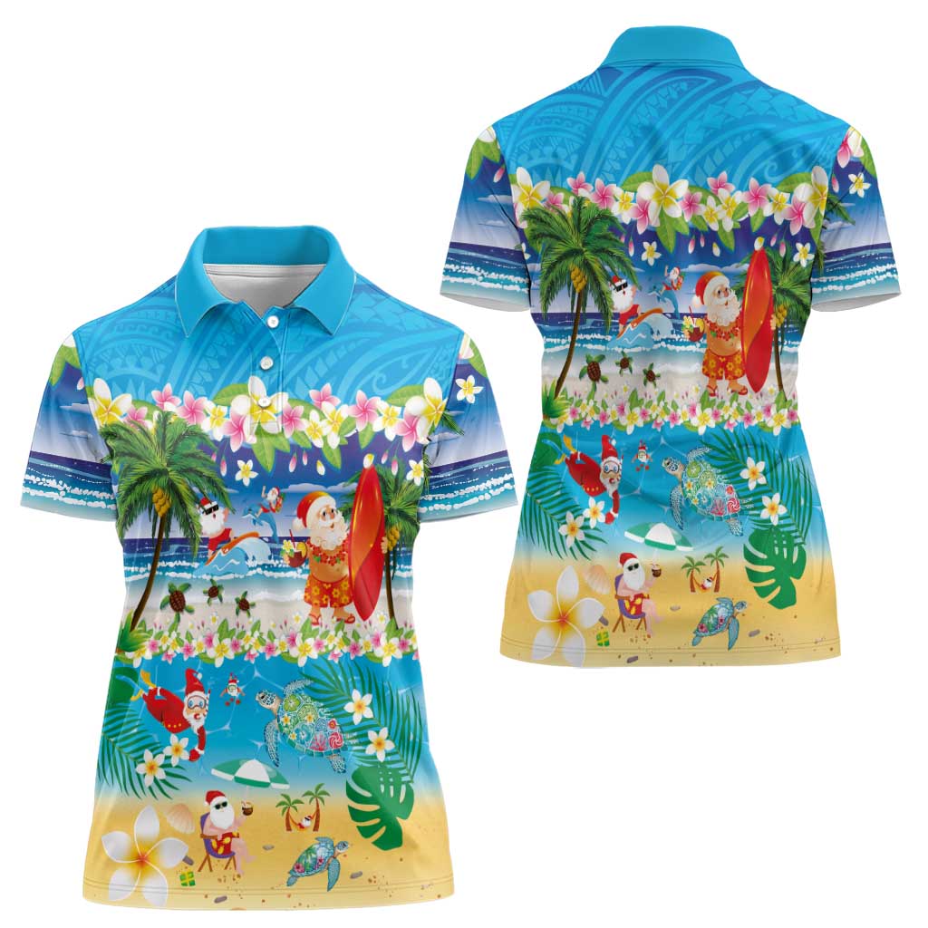 Polynesian Merry Christmas Women Polo Shirt Funny Santa Beach Tropical Plant and Turtle - Polynesian Pride