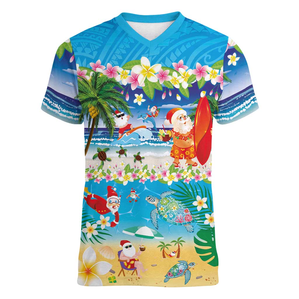 Polynesian Merry Christmas Women V-Neck T-Shirt Funny Santa Beach Tropical Plant and Turtle - Polynesian Pride
