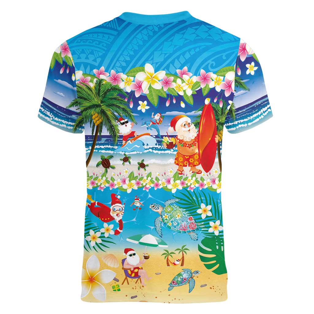 Polynesian Merry Christmas Women V-Neck T-Shirt Funny Santa Beach Tropical Plant and Turtle - Polynesian Pride