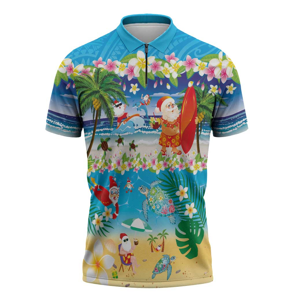 Polynesian Merry Christmas Zipper Polo Shirt Funny Santa Beach Tropical Plant and Turtle - Polynesian Pride