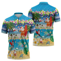 Polynesian Merry Christmas Zipper Polo Shirt Funny Santa Beach Tropical Plant and Turtle - Polynesian Pride