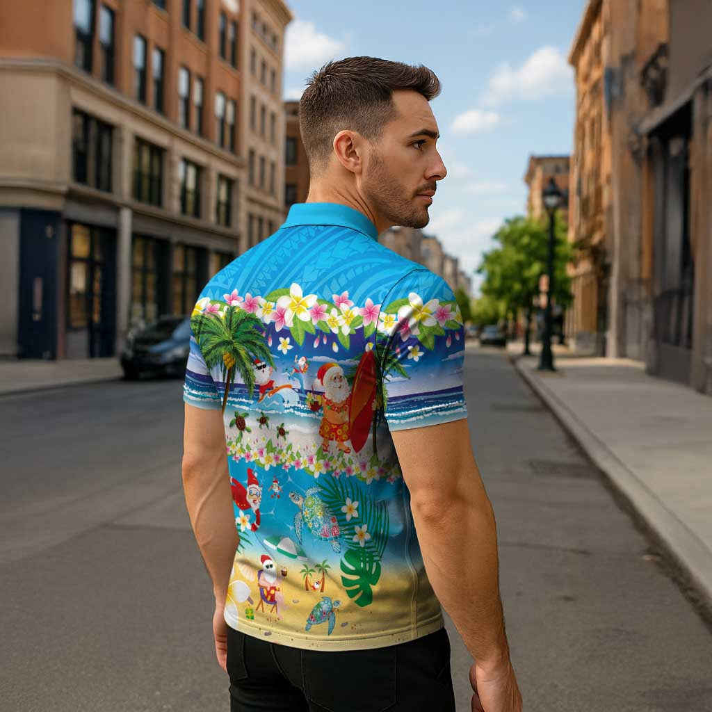Polynesian Merry Christmas Zipper Polo Shirt Funny Santa Beach Tropical Plant and Turtle - Polynesian Pride