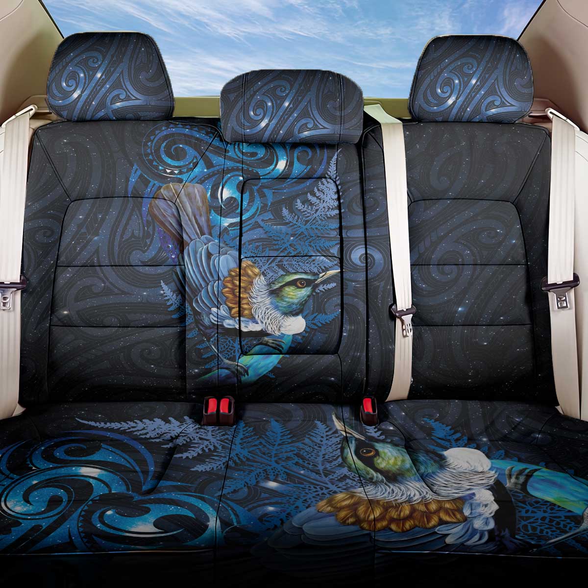 Aotearoa Matariki Back Car Seat Cover Maori Tribal with Silver Fern and Tui Bird Galaxy Style - Polynesian Pride