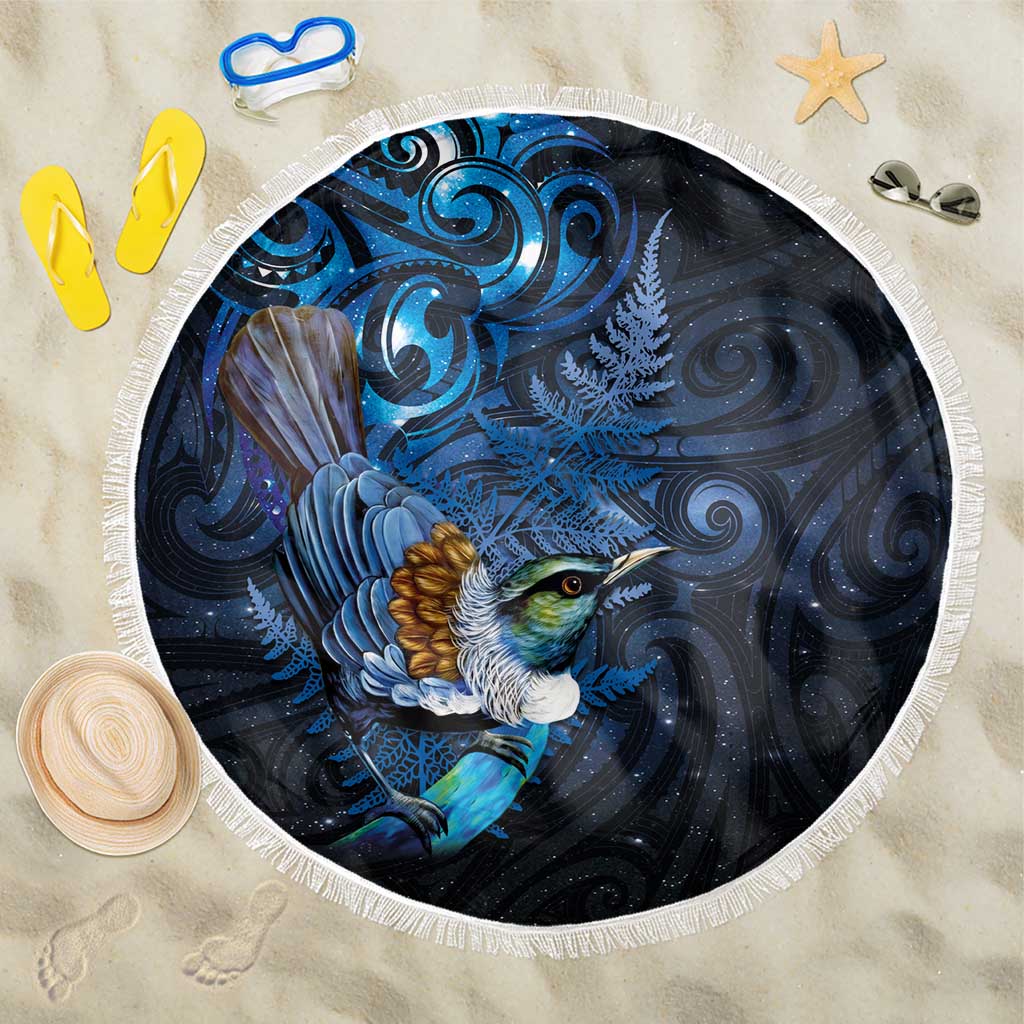 Aotearoa Matariki Beach Blanket Maori Tribal with Silver Fern and Tui Bird Galaxy Style - Polynesian Pride