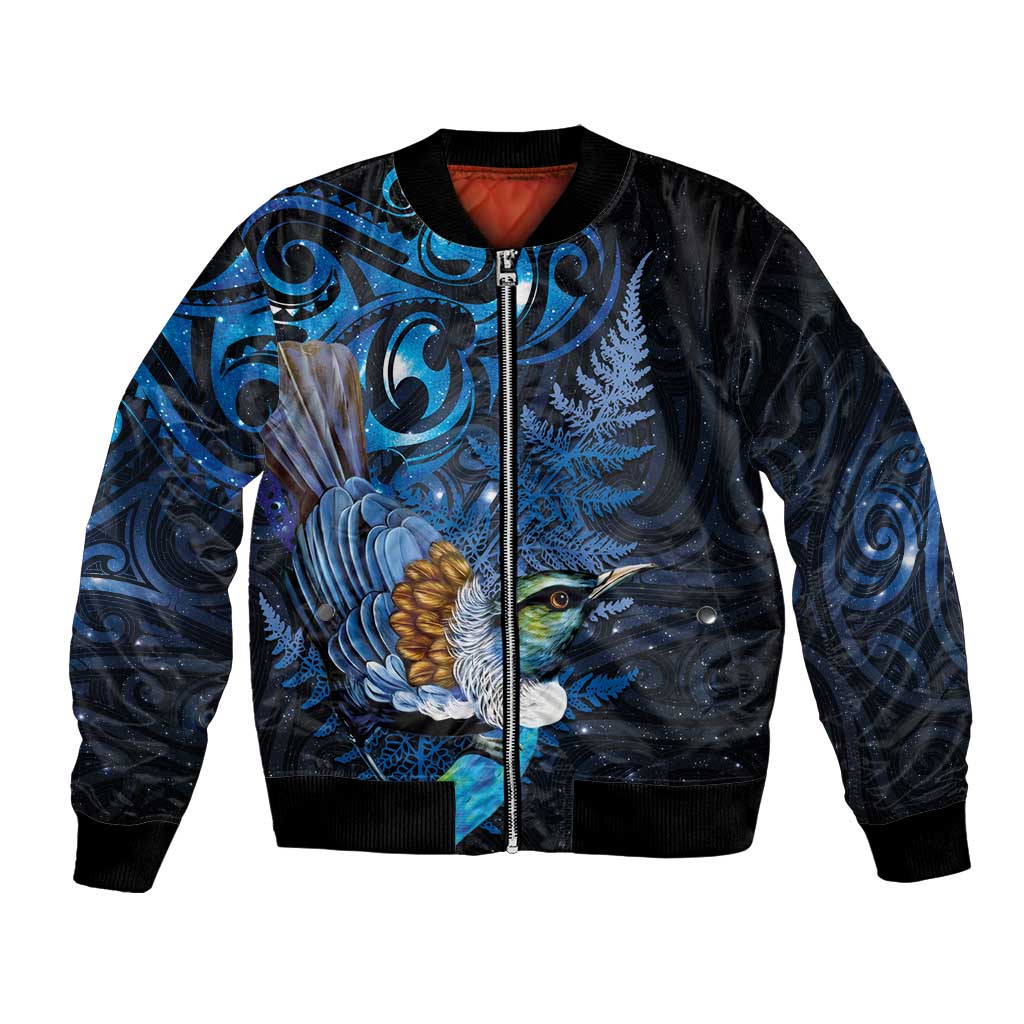 Aotearoa Matariki Bomber Jacket Maori Tribal with Silver Fern and Tui Bird Galaxy Style - Polynesian Pride