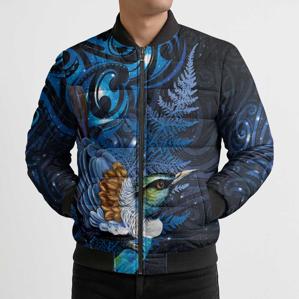 Aotearoa Matariki Bomber Puffer Jacket Maori Tribal with Silver Fern and Tui Bird Galaxy Style - Polynesian Pride