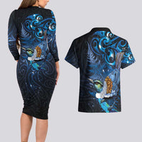 Aotearoa Matariki Couples Matching Long Sleeve Bodycon Dress and Hawaiian Shirt Maori Tribal with Silver Fern and Tui Bird Galaxy Style - Polynesian Pride