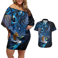 Aotearoa Matariki Couples Matching Off Shoulder Short Dress and Hawaiian Shirt Maori Tribal with Silver Fern and Tui Bird Galaxy Style - Polynesian Pride