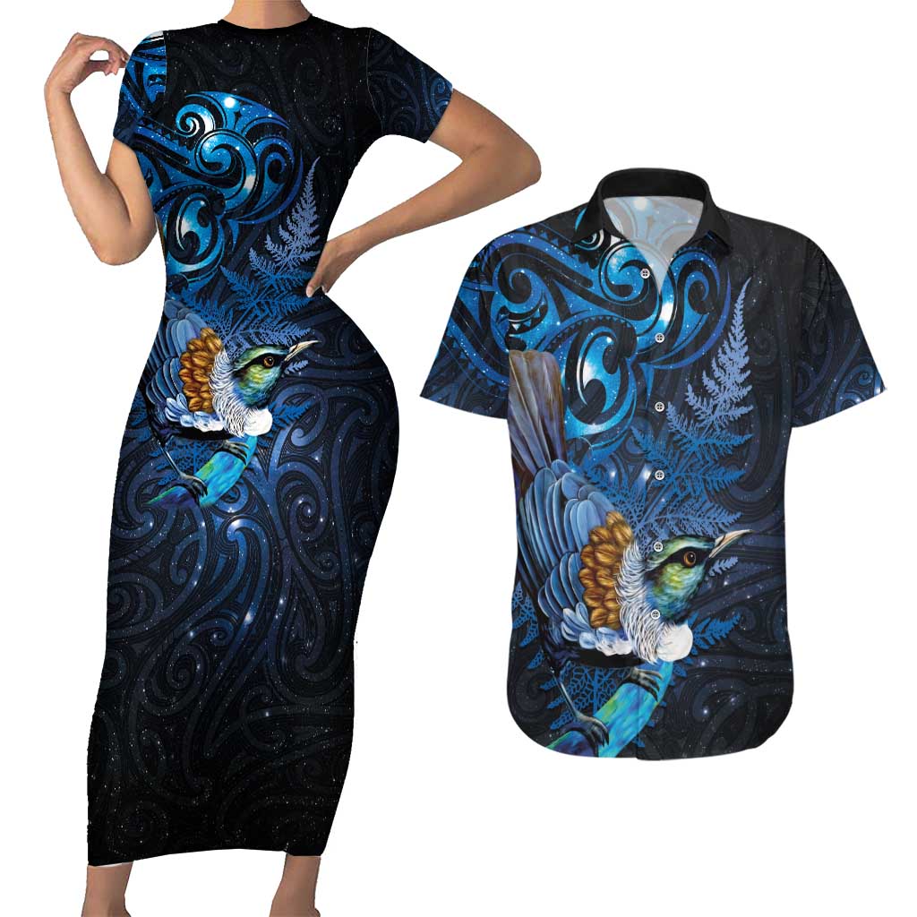 Aotearoa Matariki Couples Matching Short Sleeve Bodycon Dress and Hawaiian Shirt Maori Tribal with Silver Fern and Tui Bird Galaxy Style - Polynesian Pride