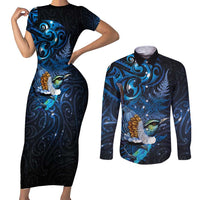 Aotearoa Matariki Couples Matching Short Sleeve Bodycon Dress and Long Sleeve Button Shirt Maori Tribal with Silver Fern and Tui Bird Galaxy Style - Polynesian Pride