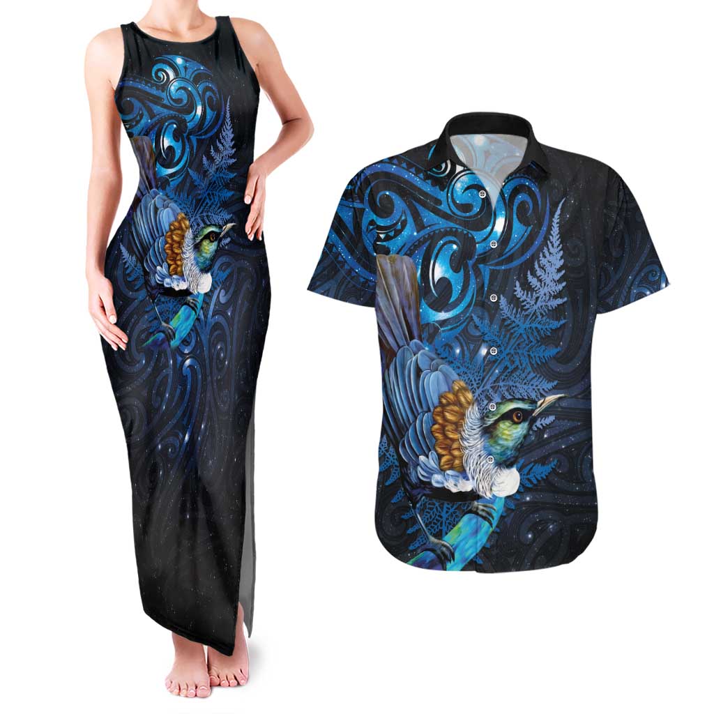 Aotearoa Matariki Couples Matching Tank Maxi Dress and Hawaiian Shirt Maori Tribal with Silver Fern and Tui Bird Galaxy Style - Polynesian Pride