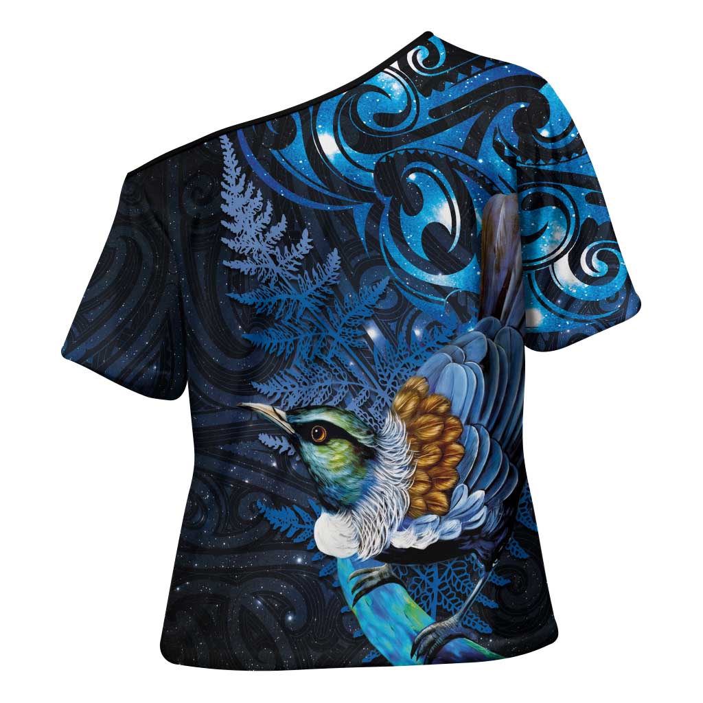 Aotearoa Matariki Cross Shoulder Shirt Maori Tribal with Silver Fern and Tui Bird Galaxy Style - Polynesian Pride