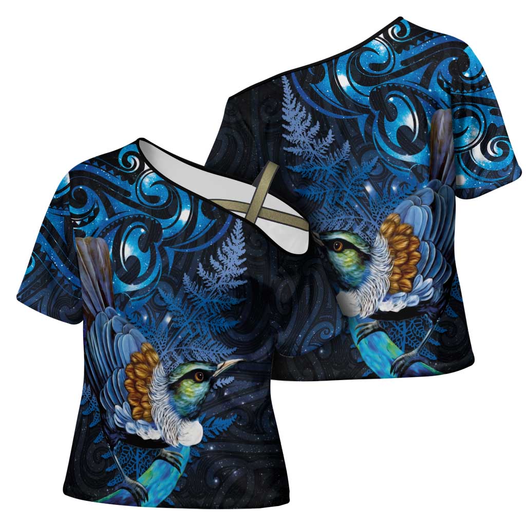 Aotearoa Matariki Cross Shoulder Shirt Maori Tribal with Silver Fern and Tui Bird Galaxy Style - Polynesian Pride