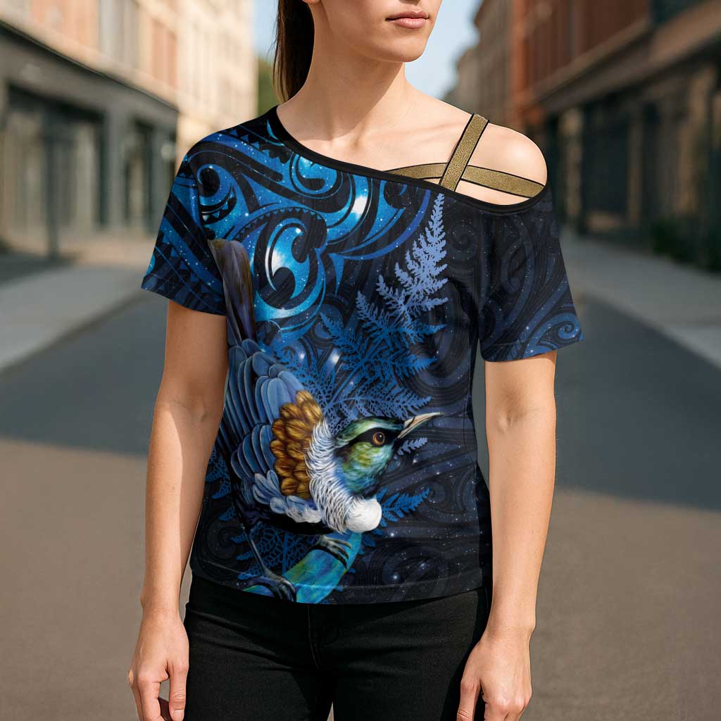 Aotearoa Matariki Cross Shoulder Shirt Maori Tribal with Silver Fern and Tui Bird Galaxy Style - Polynesian Pride