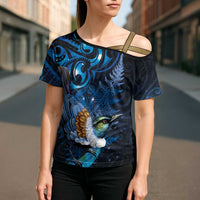 Aotearoa Matariki Cross Shoulder Shirt Maori Tribal with Silver Fern and Tui Bird Galaxy Style - Polynesian Pride