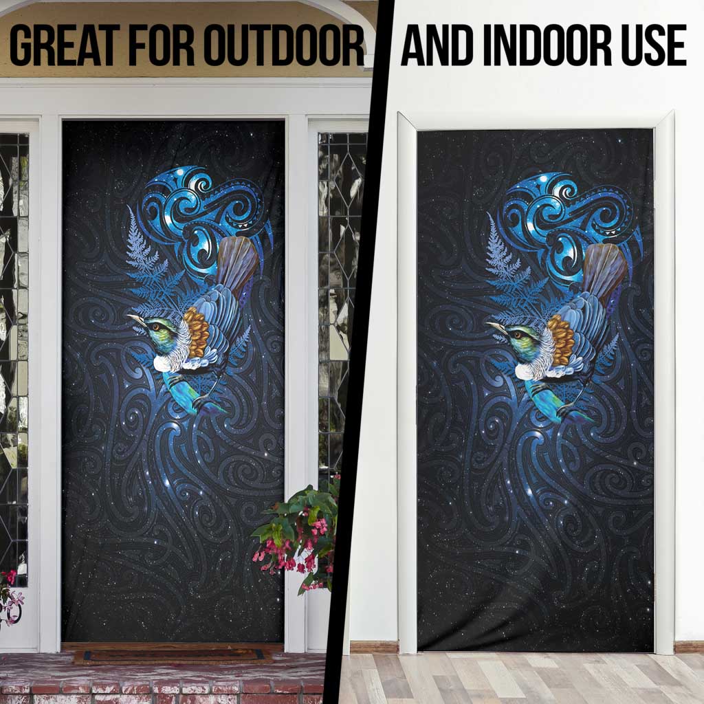 Aotearoa Matariki Door Cover Maori Tribal with Silver Fern and Tui Bird Galaxy Style - Polynesian Pride