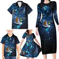 Aotearoa Matariki Family Matching Long Sleeve Bodycon Dress and Hawaiian Shirt Maori Tribal with Silver Fern and Tui Bird Galaxy Style - Polynesian Pride
